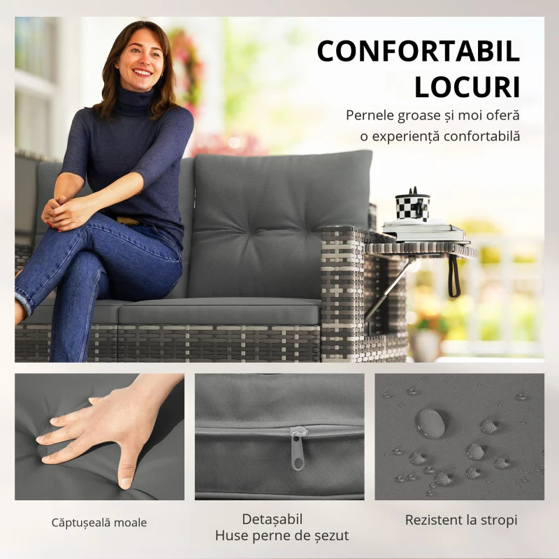 Outsunny Canapea ratan 2 locuri cu perne pliabilă tăvi laterale lounge set șezut Gri deschis