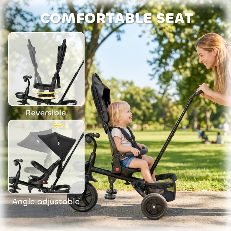 HOMCOM Dreirad mit Schubstange drehbarer Sitz 4-in-1 Kinderdreirad Kinder Fahrrad klappbar abnehmbar Kinderauto Metall EVA Schwarz 111,5 x 52 x 98 cm