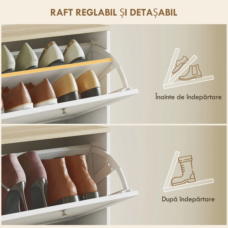 HOMCOM Dulap Îngust pentru Pantofi cu 3 Sertare și Rafturi Reglabile pe 2 Niveluri, 60x23,5x115 cm, Alb