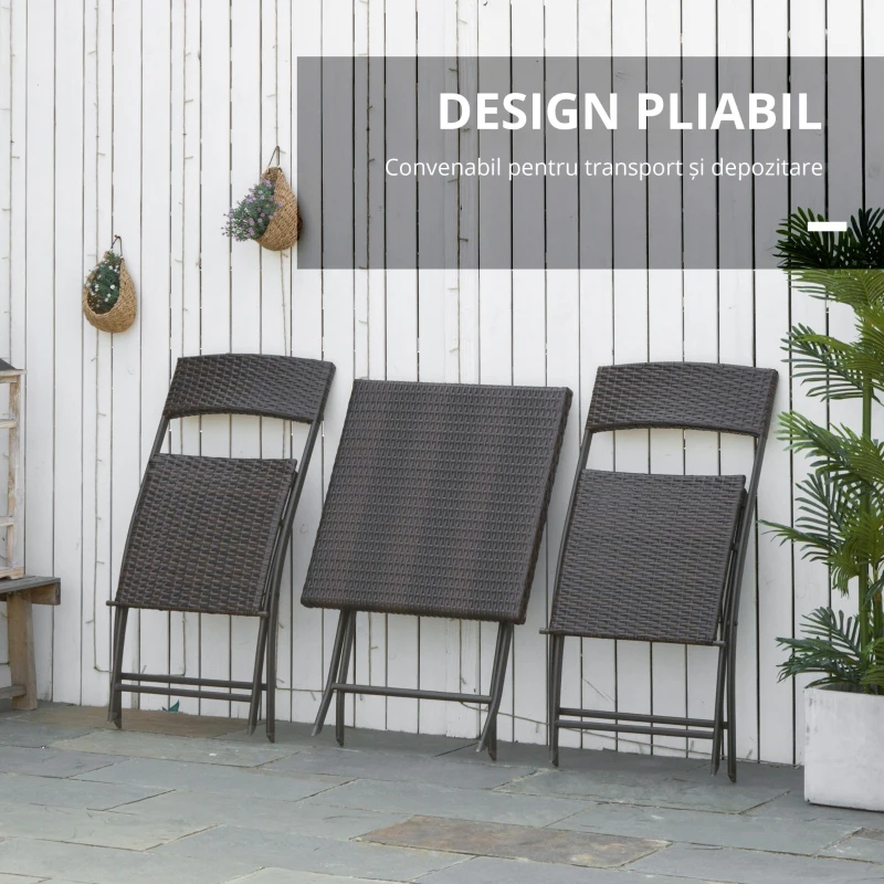Outsunny Set Mobilier pentru Grădină din Poly Ratan 3buc Set Masă și 2 Scaune pentru Grădină Pliabile Negru