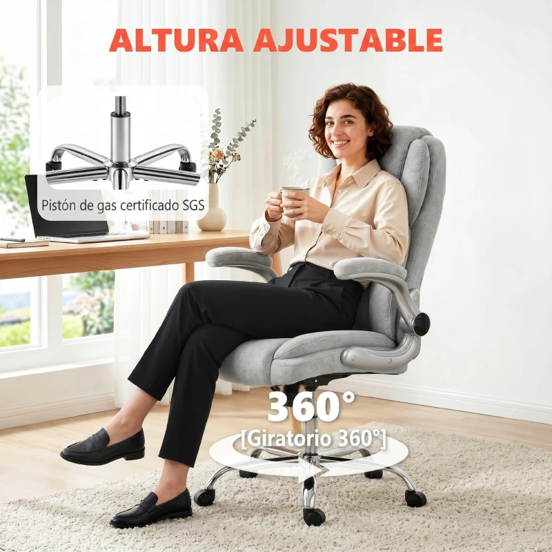 HOMCOM Silla de escritorio Ergonómica con Respaldo Alto Reposabrazos Abatibles Asiento con Muelles Altura Ajustable Crema
