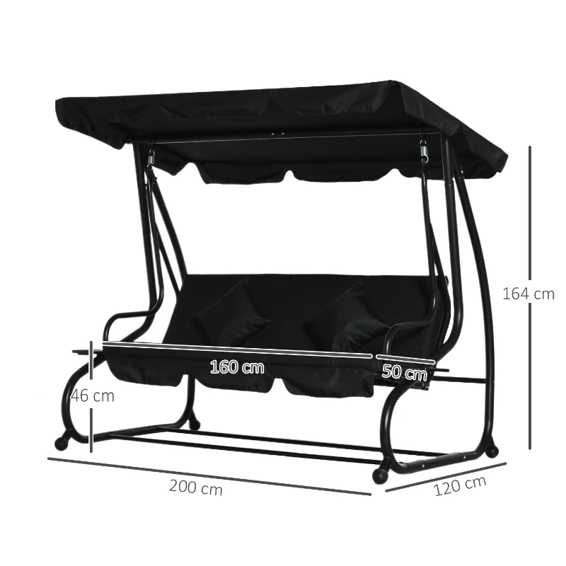 Outsunny Three-Person garden Swing Chair, with Adjustable Canopy - Black