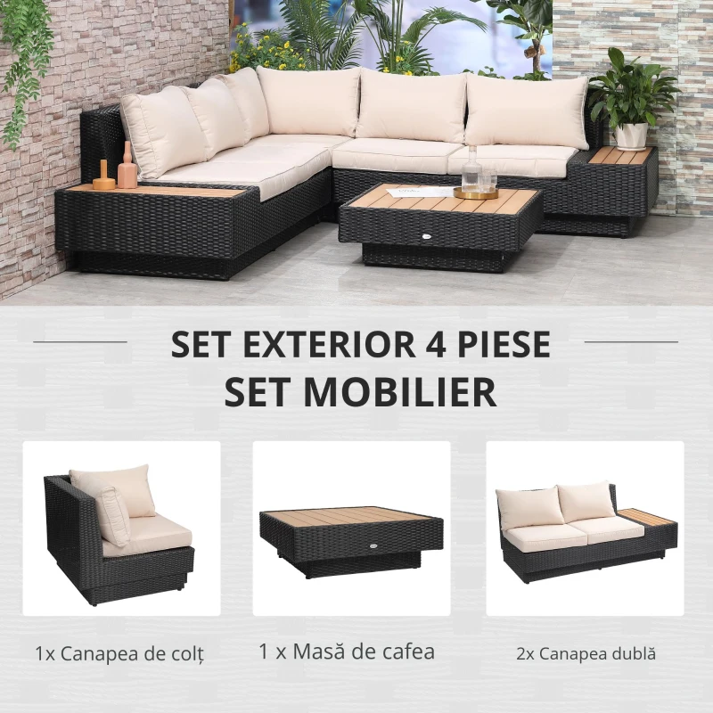 Outsunny Set Salon de Gradina 4 Piese din Ratan, Canapea de Exterior Coltar cu Perne, Masute Laterale si Masa de Cafea, Negru