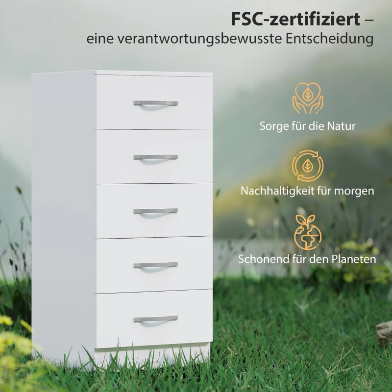 HOMCOM Kommode mit 5 Schubladen, Schubladenschrank für Kleidung und Utensilien, Spanplatte, Weiß