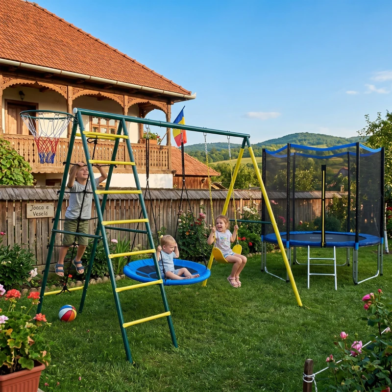 Outsunny Set de Leagan pentru Copii 4 in 1 cu Leagan cu Farfurie, Scaun, Scara/Plasa de Catarat, Cos de Baschet, Galben(m-11)
