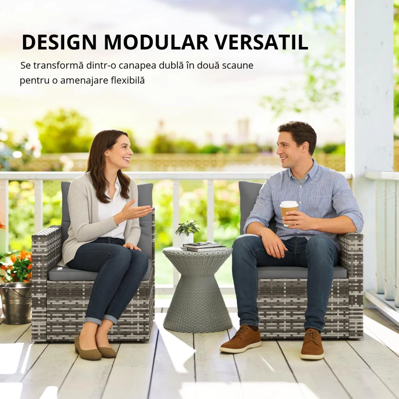 Outsunny Canapea ratan 2 locuri cu perne pliabilă tăvi laterale lounge set șezut Gri deschis