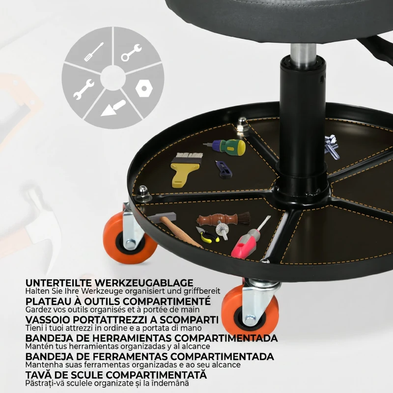 HOMCOM Scaun de atelier cu roți și suport pentru unelte, înălțime reglabilă și rotire, Ø40x25-48cm, negru