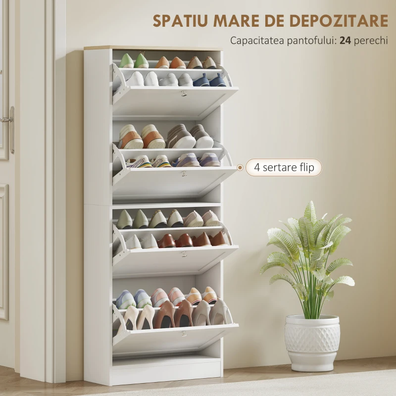 HOMCOM Dulap Îngust pentru Pantofi cu 3 Sertare și Rafturi Reglabile pe 2 Niveluri, 60x23,5x115 cm, Alb