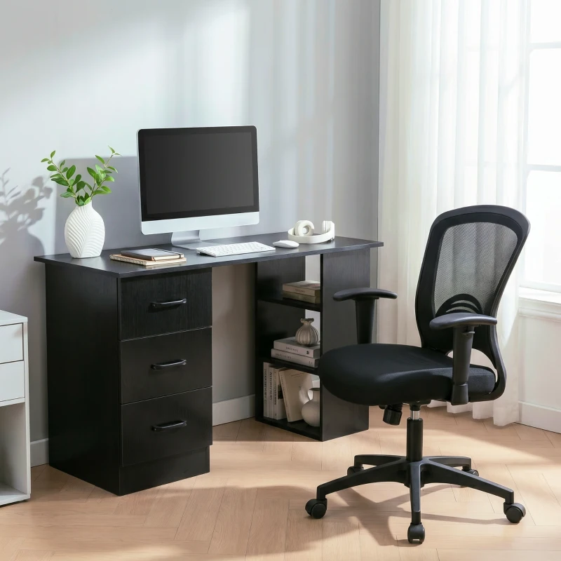 HOMCOM Birou Modern din Lemn cu 3 Sertare și 3 Rafturi pentru Cameră și Birou, 120x49x72cm, Negru(m-7)