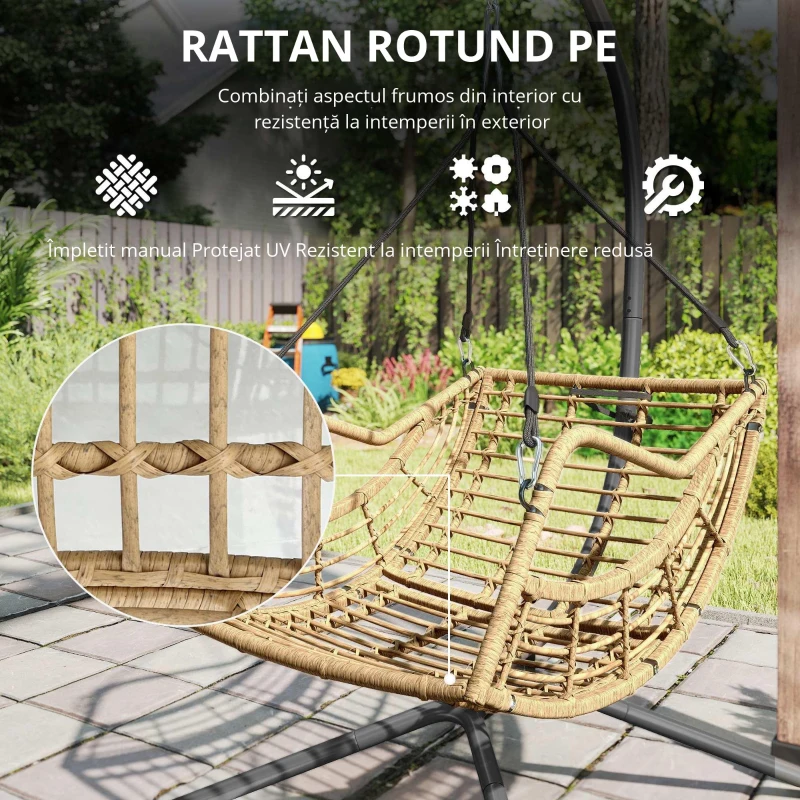 Outsunny Fotoliu suspendat din rășină împletită cu suport, scaun suspendat, pernă, prindere de siguranță, înălțime reglabilă, gri