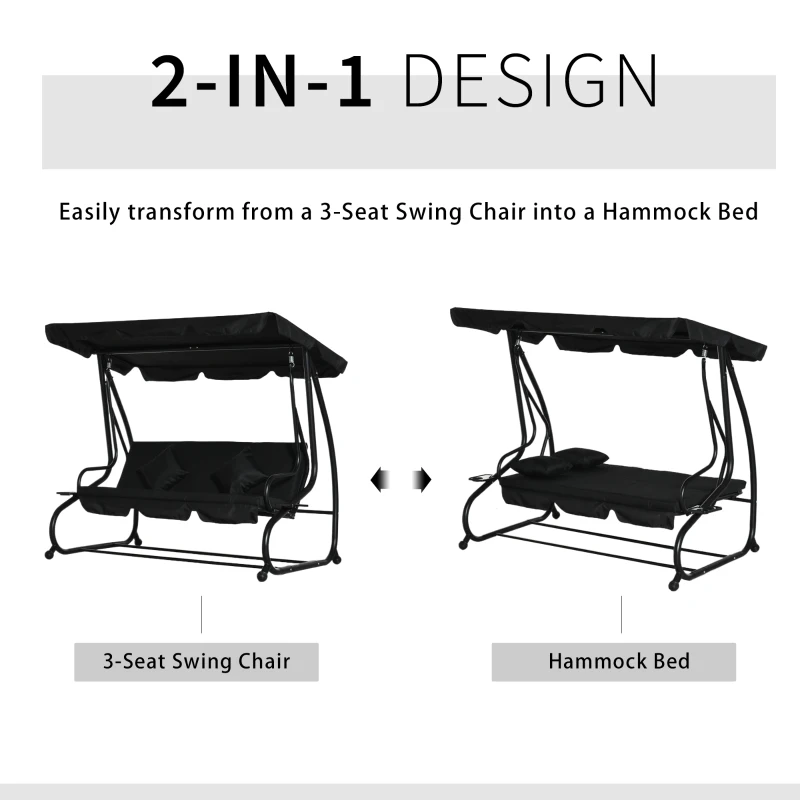 Outsunny Three-Person garden Swing Chair, with Adjustable Canopy - Black