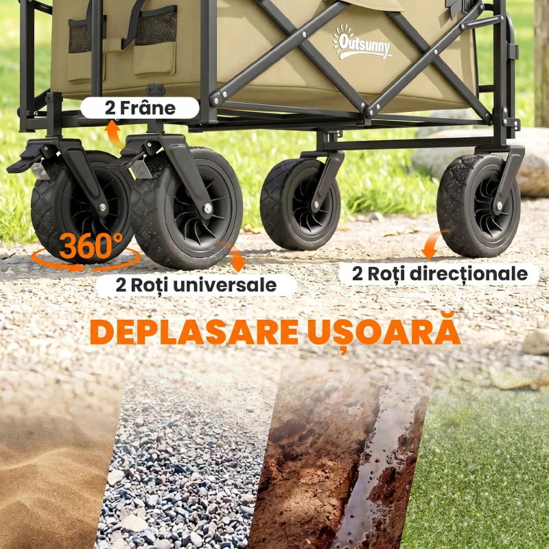 Outsunny Cărucior de grădină 110L cu mâner telescopic și bază rabatabilă din oțel și material textil Oxford, culoare kaki
