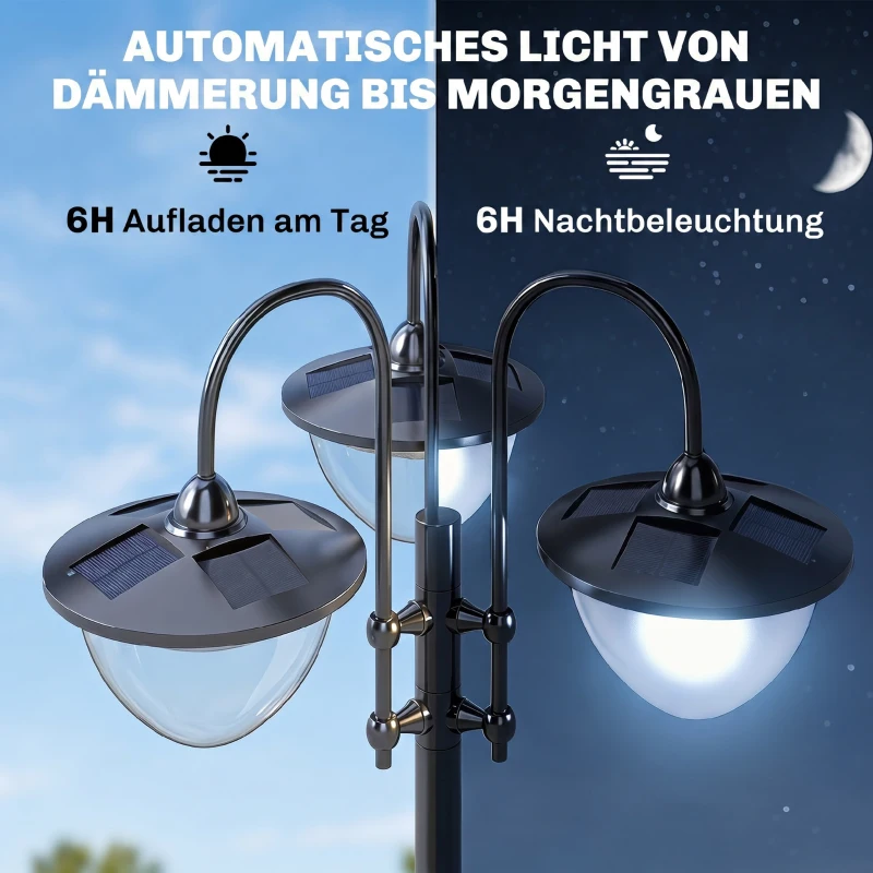 Outsunny Solar Laterne Stehleuchte aus Metall, Gartenlaterne mit Lichtsteuerung, 189 cm hoch, Windlicht Außenleuchte, Wasserdicht IP44 mit Blumentopf-Basis für Garten Balkon Deko Schwarz