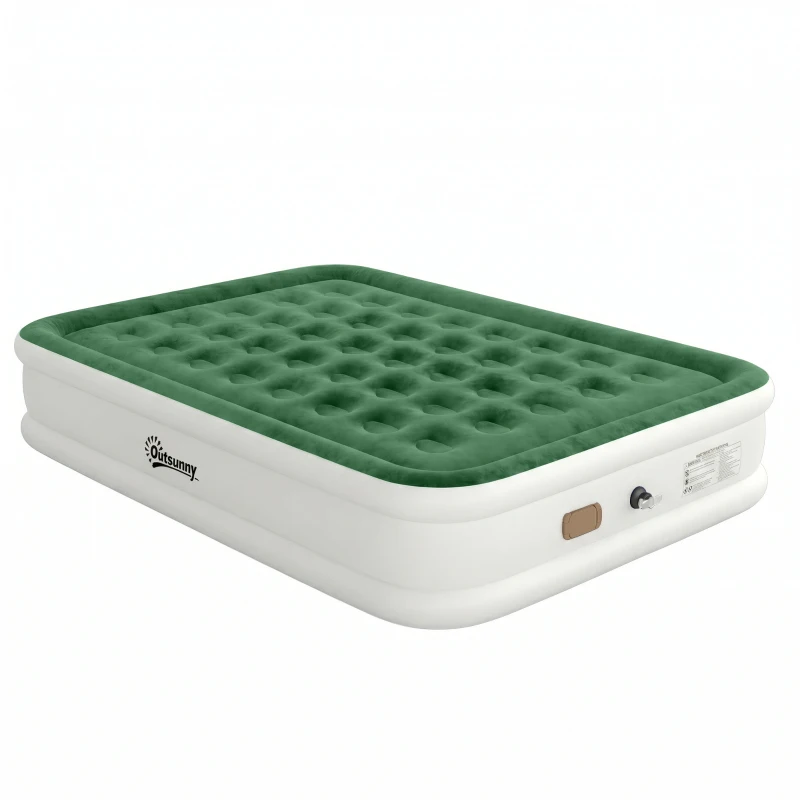 Outsunny Inflatable Mattress, Double Air Bed with Built-in Electric Pump, 3 Mins Inflation, Flocked Surface, Dark Green