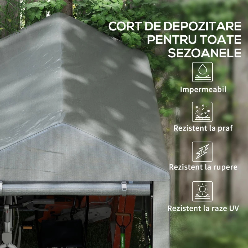 Outsunny Magazie pentru Unelte Garaj Cort cu Acoperire Anti-UV și Cadru Metalic, 120x179x165cm, Gri Deschis(m-4)