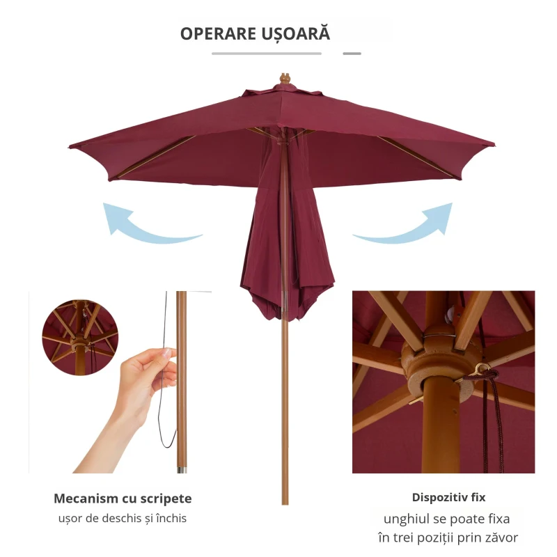 Outsunny Umbrela din lemn pentru soare, bordo, Φ2.5m
