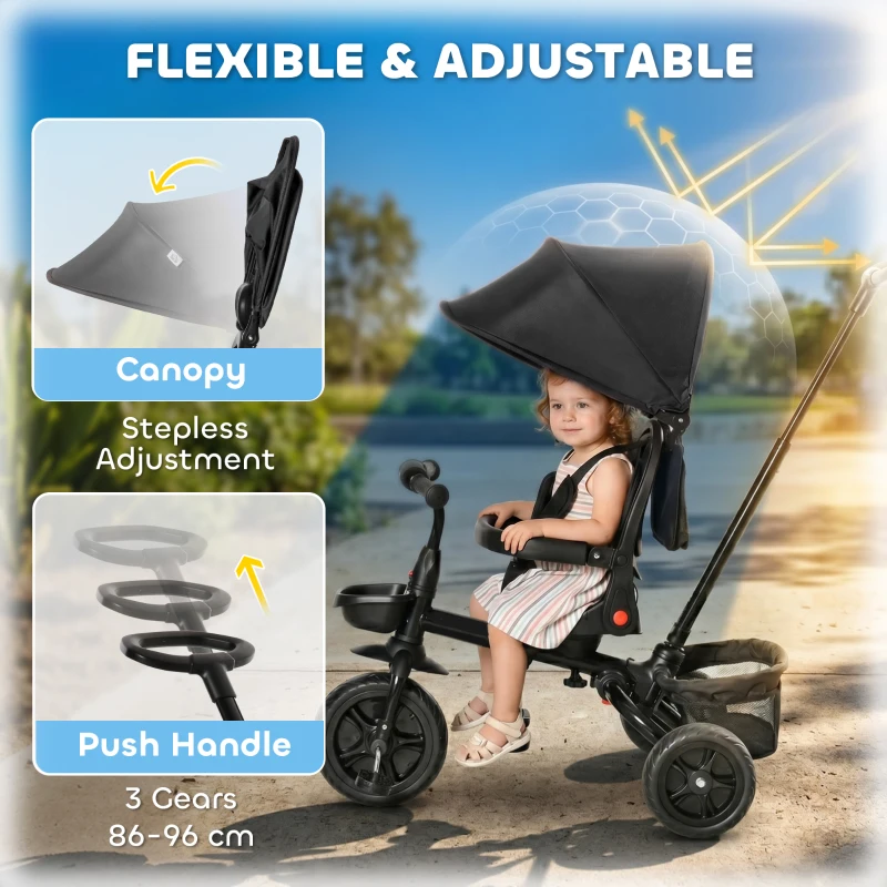 HOMCOM Dreirad mit Schubstange drehbarer Sitz 4-in-1 Kinderdreirad Kinder Fahrrad klappbar abnehmbar Kinderauto Metall EVA Schwarz 111,5 x 52 x 98 cm