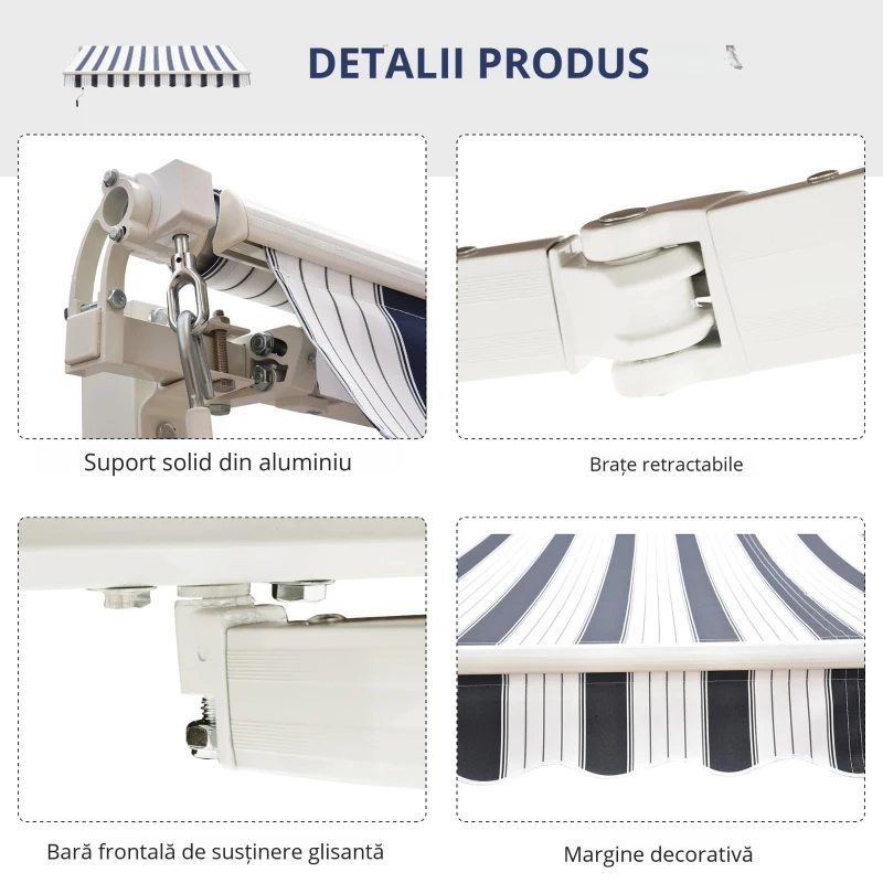 Outsunny Perdea Soare Rulanta de Perete Manuala cu Dungi , Albastr si alb, 2.5x2m