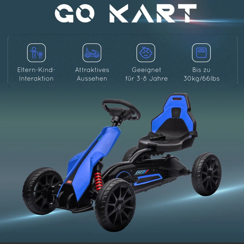 HOMCOM Go Kart Pedal Go Kart met achteruit- en vooruitversnelling, voor kinderen van 3 tot 8 jaar, Blauw + Zwart(m-7)