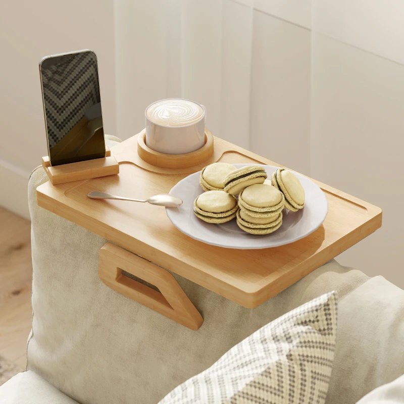 HOMCOM Bandeja para Apoio de Braço de Sofá em Bambu com Porta-Copos Extraível e Suporte Giratório 360° 33x23x5 cm Madeira