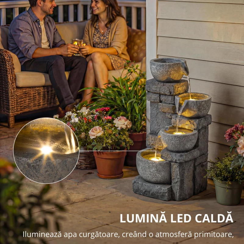 Outsunny Fântână de grădină Cascadă 4 niveluri Decorațiune efect piatră și cărămidă cu iluminare LED 28 x 25 x 54,5 cm Gri