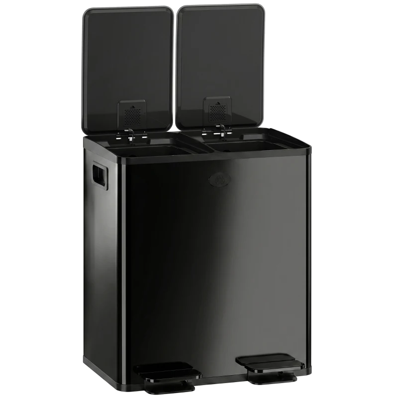 HOMCOM 40L Dual Compartment Stainless Steel Bin, with Deodoriser Holders - Black