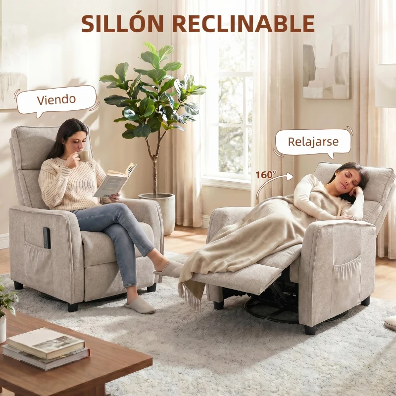 HOMCOM Sillón de Masaje Reclinable con Reposapiés 2 Zonas de Masaje Asiento de Muelles Bolsillos Tapizado en Lino Crema