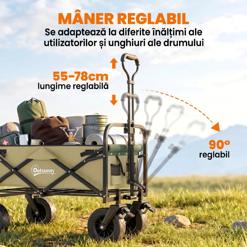 Outsunny Cărucior de grădină 110L cu mâner telescopic și bază rabatabilă din oțel și material textil Oxford, culoare kaki