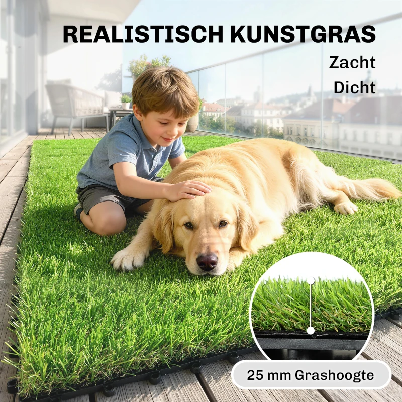 Outsunny 22-delige Set Kunstgras Tegels 30x30 cm Grasmatten met Drainagesysteem, 2m² Kunstgrasmat Kunststof Grasmat
