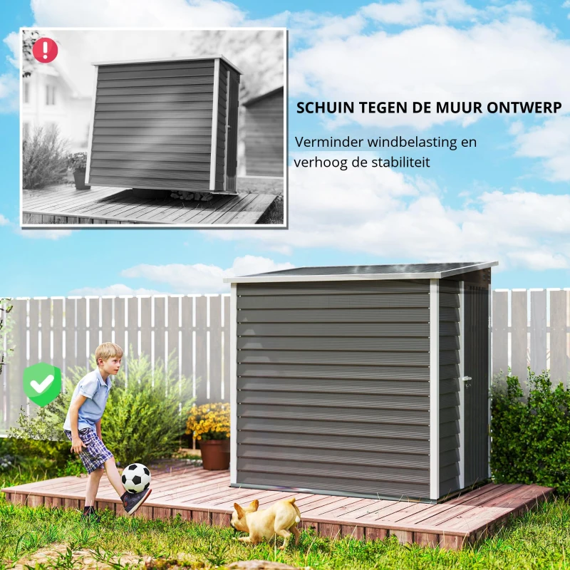 Outsunny Metalen Tuinschuur, Verzinkt Staal, Afsluitbare Deur, Eenvoudige Montage, 142 x 184 x 165/181 cm, Grijs(m-5)