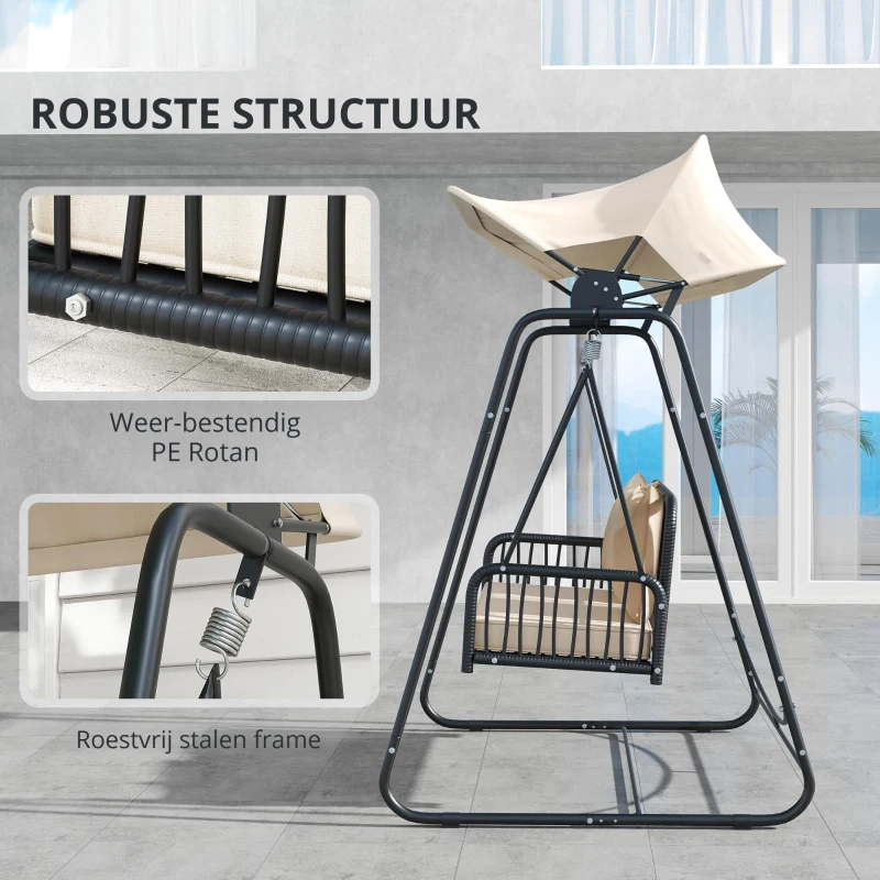 Outsunny Rattan Hollywoodschommel voor 2 Personen met Zonnedak en Kussens, Belastbaar tot 240 kg, 149 x 121 x 180 cm, Khaki