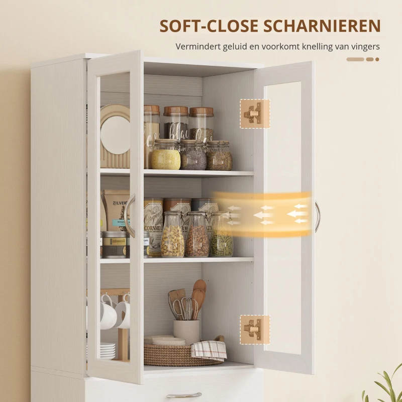 HOMCOM Keukenkast Buffetkast met verstelbare plank, lade, 2 deuren, hoge kast met glazen deur 60 x 35 x 180 cm Wit
