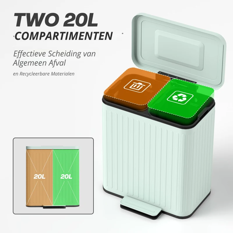 HOMCOM Keukenprullenbak, 2 x 20 L compartimenten, efficiënte afvalscheiding, voetpedaal, kunststof, metaal, groen