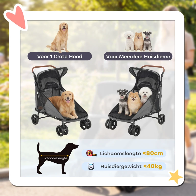 PawHut Hondenwagen inklapbaar hondenbuggy voor grote honden tot 30 kg met 360° draaibare wielen, gaasvensters, kussen en verstelbare handgreep, grijs