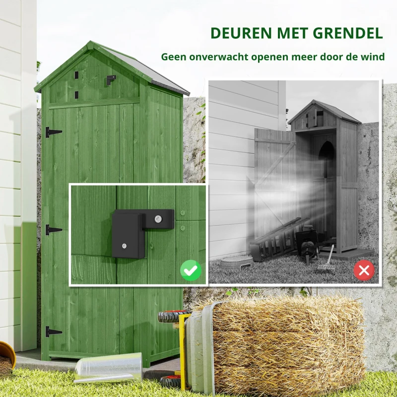 Outsunny Tuinkast hout 3 planken asfalt dak ventilatie afsluitbare deur tuin Groen