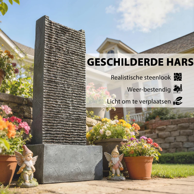 Outsunny 2-traps tuinfontein met LED-verlichting, pomp, granietlook 37,5 x 22 x 80 cm