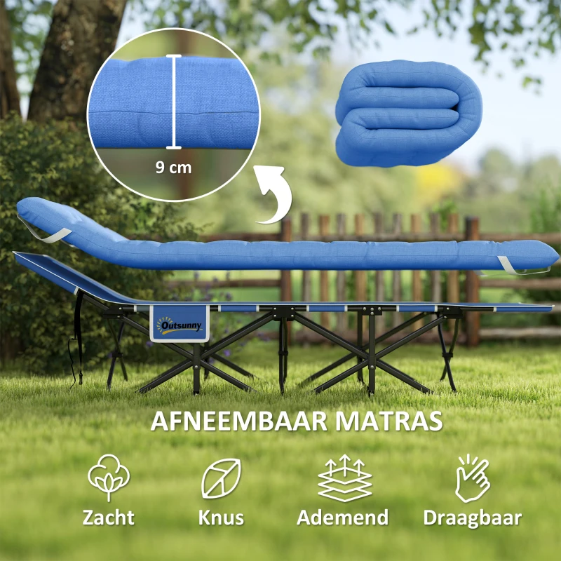 Outsunny Opvouwbaar Campingbed met Matras Hoofdkussen Zijvak 185 x 68 x 37 cm tot 150 kg Donkerblauw
