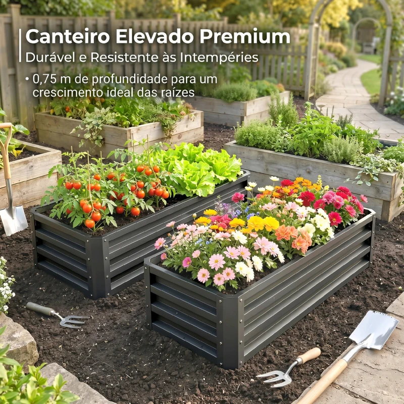 Outsunny Conjunto de 2 Floreiras Grandes para Exterior em Aço Galvanizado Hortas para Terraço Jardim 110x50x30 cm Cinzento