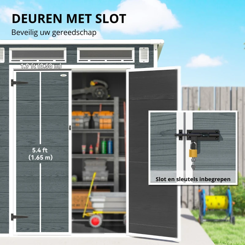 Outsunny Tuinhuis 2,89 m², Tuinschuur met houtlook 3 ramen Dubbele Deur Ventilatie Bodem Slot, 182 x 182 x 196 cm