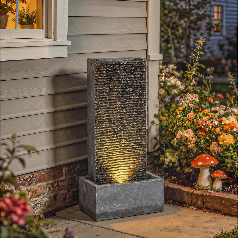 Outsunny 2-traps tuinfontein met LED-verlichting, pomp, granietlook 37,5 x 22 x 80 cm