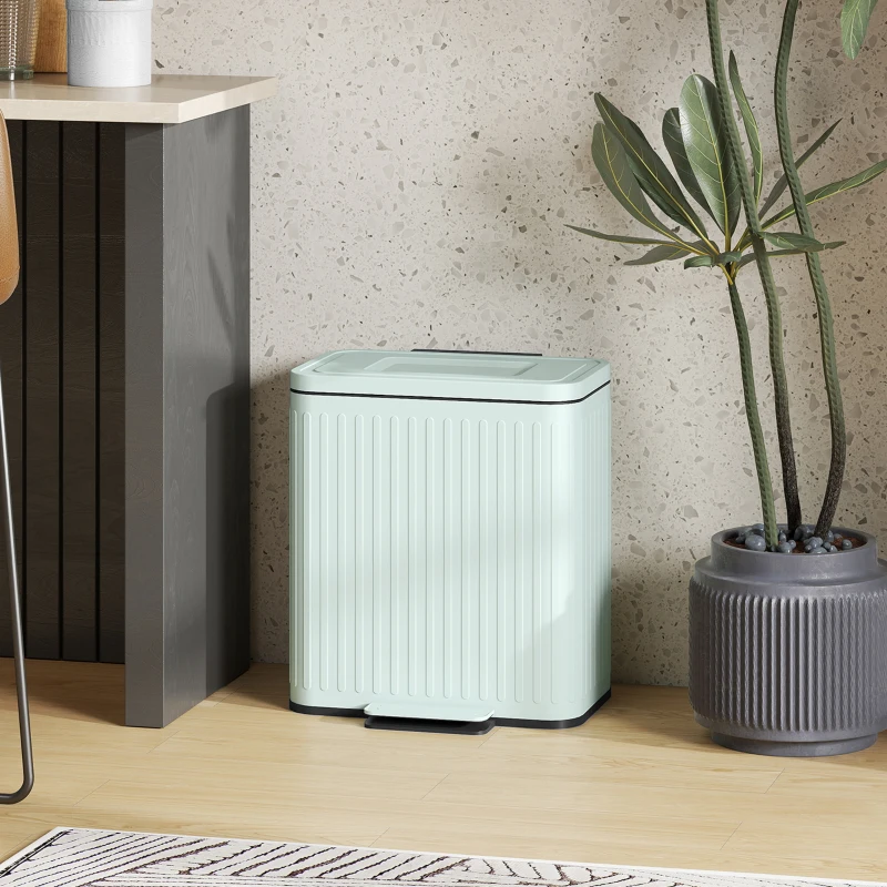HOMCOM Keukenprullenbak, 2 x 20 L compartimenten, efficiënte afvalscheiding, voetpedaal, kunststof, metaal, groen