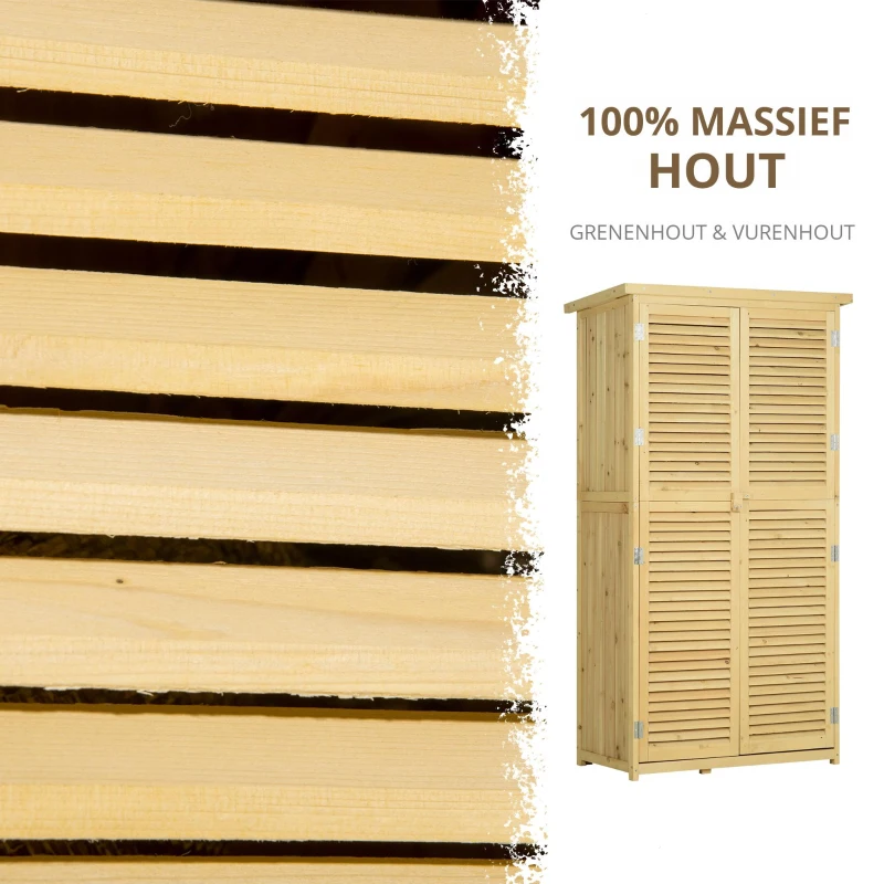 Outsunny gereedschapsschuur gereedschapsschuur met asfalt daklamellen deur gereedschapskast schuur tuin 4 vakken naturel 87 x 46.5 x 160 cm(m-6)