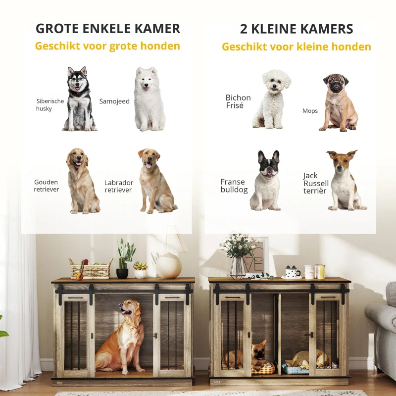 PawHut hondenkooi met 2 deuren, hondenbox, rustiek design, vergrendelbaar, bruin(m-8)