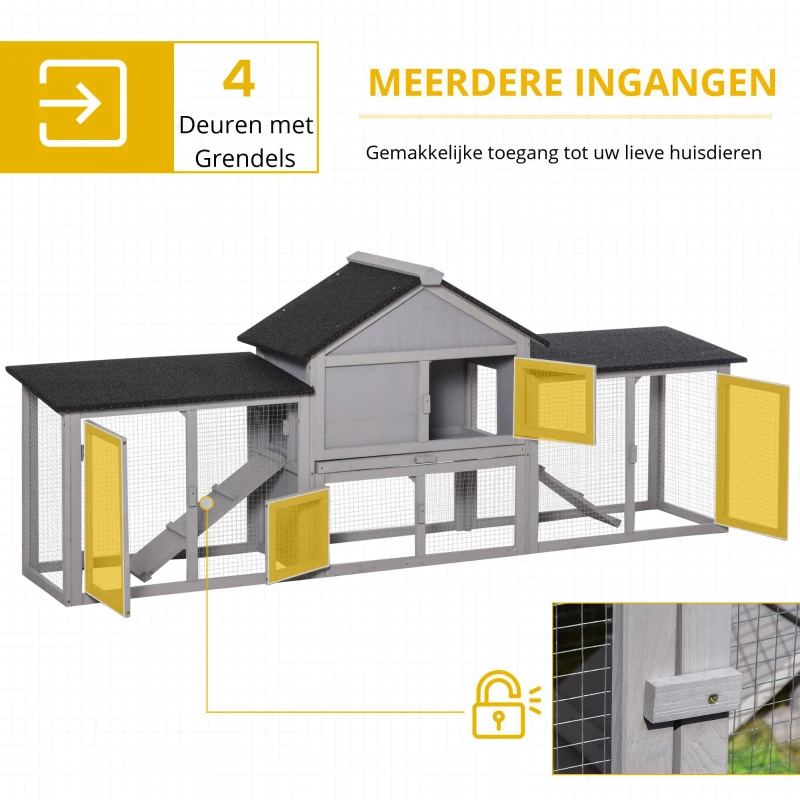 PawHut Konijnenhok Tweelaags Hout Buiten voor Dwergkonijnen Grijs(m-4)