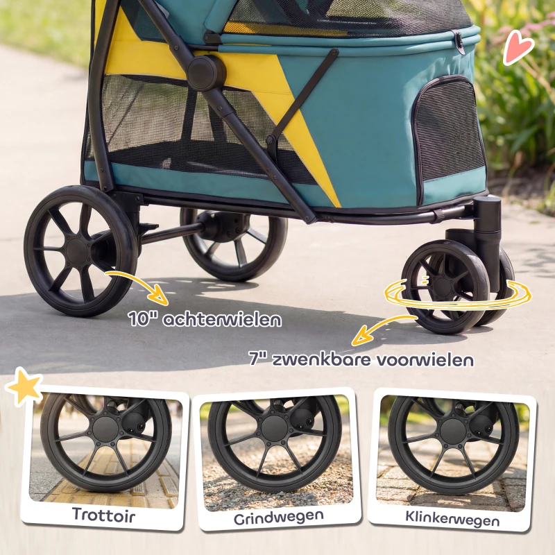 PawHut Hondenwagen opvouwbaar hondenbuggy tot 20kg met kussen, mesh-ramen, achterzak, 92 x 63 x 95 cm Donkergroen