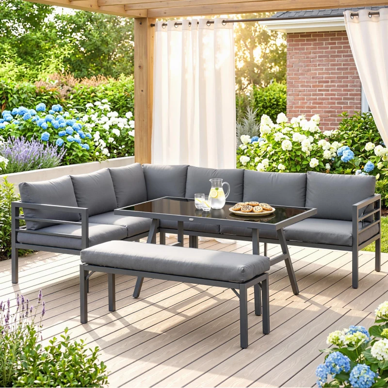 Outsunny 4 Piece L-shaped Garden Furniture Set 8-Seater Aluminium Outdoor Dining Set Conversation Sofa Set w/ Bench, Dining Table & Cushions, Grey