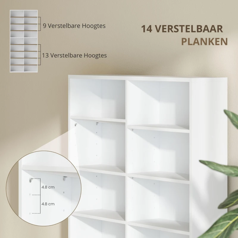 HOMCOM DVD-Rek, CD-Opslagrek, 14 Aanpasbare Planken, 18 Vakken, 175 cm, Blu-ray-Rek, Spaanplaat, Wit