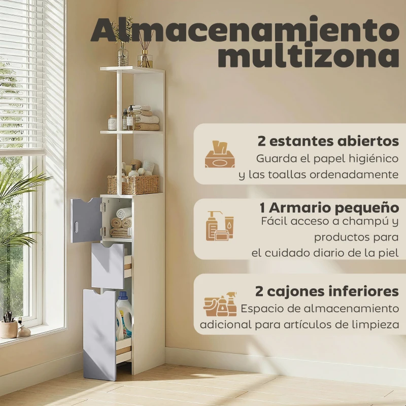 HOMCOM Columna de Baño Moderno Mueble Auxiliar de Baño con 2 Estantes 2 Cajones y 1 Puerta Antivuelco 15x33x136,8 cm Blanco
