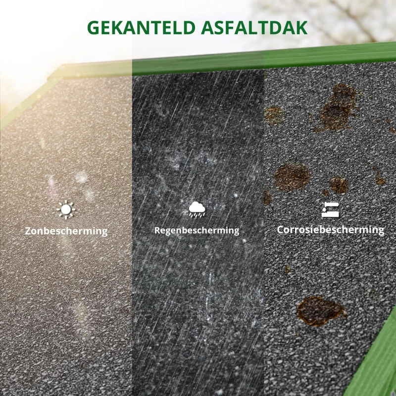 Outsunny Tuinkast hout 3 planken asfalt dak ventilatie afsluitbare deur tuin Groen