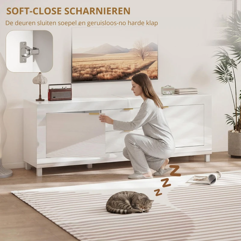 HOMCOM Tv-meubel voor televisies tot 190,5 cm, modern entertainmentcentrum met 2 kasten en 2 lades, hoogglans wit